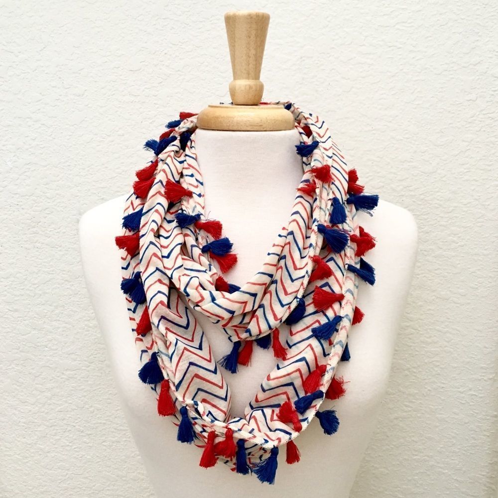 NWT, Tassel Trimmed Stretch Poly Zig Zag Infinity Scarf